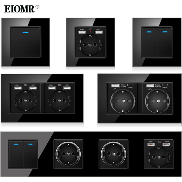 EIOMR EU Standard 16A Gniazdo ścienne ze szkła hartowanego z USB 5V 2.1A AC 110-250V Czarne potrójne czwórne gniazdo zasilania