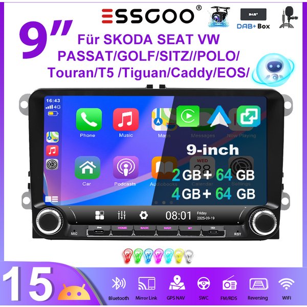Radio samochodowe ESSGOO Android15 9" 4+64 GB do VW Golf 5 6 Plus Touran Caddy Jetta Passat Polo Nawigacja GPS Bluetooth RDS FM WiFi Bezprzewodowy CarPlay Android Auto 2+32 GB Obsługa z Kierownicy