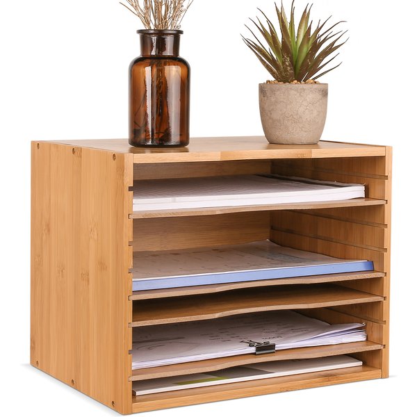 Getone Office File Tray, Bamboo Desk Tidy Organiser, File Sorter, 5 Tier Document/Paper/Letter Tray 36x25x26cm
