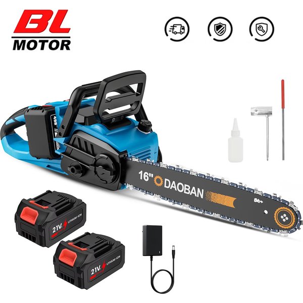Scie à chaîne électrique sans fil de 16 pouces, batterie rechargeable, scie à chaîne portative sans balais, outil de travail du bois, d'élagage de jardin et de coupe de grands arbres