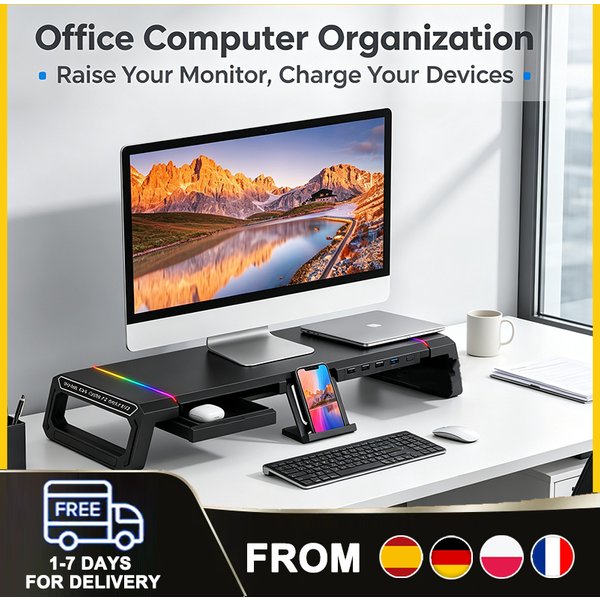 Support d'ordinateur multifonctionnel avec hub USB et éclairage RGB, étagère pliable pour bureau, ordinateur portable, accessoires pour PC de bureau