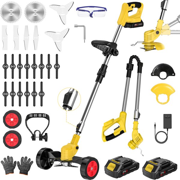 21V Kabelloser Rasentrimmer mit Rädern, 3-in-1 Freischneider & Rasenkantenschneider, 1800W 7800RPM Akku-Unkrautschneider mit Teleskopgriff und 2 Akkus