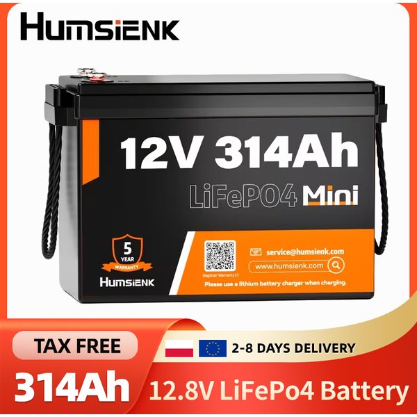 Batterie LiFePO4 Humsienk 12V 314Ah, format mini, batterie lithium 12 volts pour camping-car avec BMS 200A, max. 15000 cycles profonds, 4019 Wh d'énergie pour caravanes, solaire, hors réseau, et