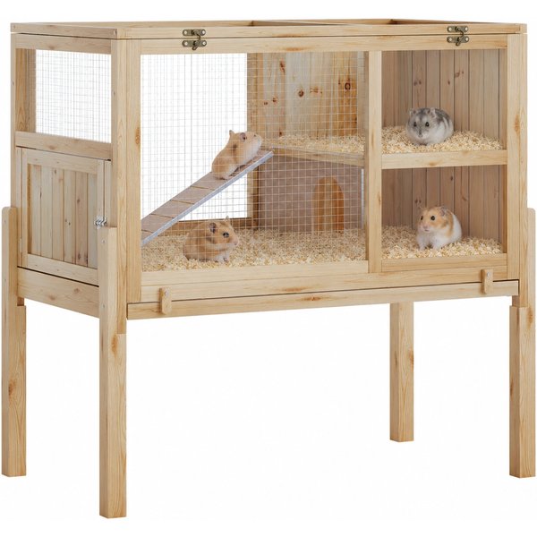 Indoor 2-Tier Wooden Rabbit Hutch Hamster Cage Elevated Stand with Openable Roof, Clear Acrylic Window, No Leak Pull-out Tray & Ramp. Ideal for Guinea Pigs, Chinchillas, Hedgehogs