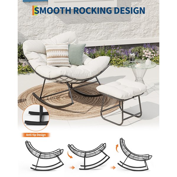 Oversized Outdoor Wicker Rocking Chair with Footstool – Patio Egg Chair with Thick Removable Cushion & Metal Frame, Comfortable Rocking Lounge Seat for Balcony, Yard, Porch & Living Room