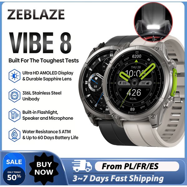 Zeblaze 2025 Neue VIBE 8 Smartwatch 1,43" AMOLED-Bildschirm, Saphirglas, 316L Edelstahlgehäuse, Eingebaute Taschenlampe & Mikrofon, Sprachanrufe, Gesundheitstracking (HR/BP), Fitness- &