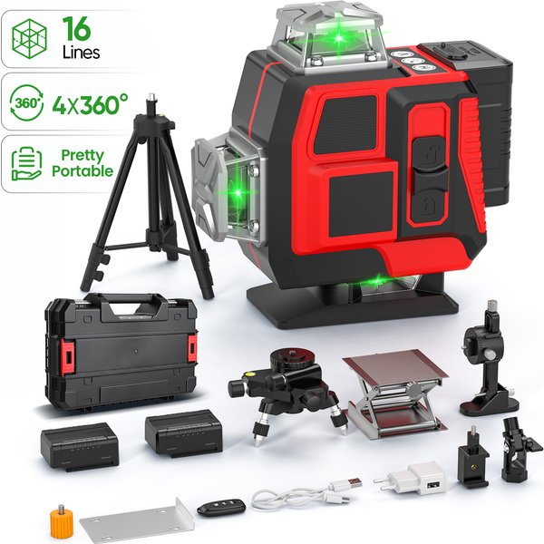 Niveau laser à faisceau vert ultra-puissant, 4D, 16 lignes, auto-nivelant, avec contrôle à distance, portée horizontale et verticale à 360 degrés, et batterie Li-ion de 2400 mAh.