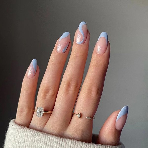 Faux ongles tête d'amande, 24 pièces, Design ligne française, couverture complète, Nail Art fini avec GluWearable, amovible, presse sur les ongles