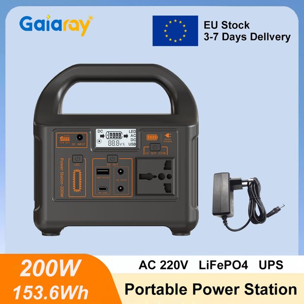 Przenośna stacja zasilania Gaiaray 200W 153.6Wh z baterią LiFePO4, generator solarny, awaryjny power bank do campingu i kampera