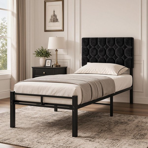 90x200 cm bed with base, bed frame with upholstered headboard, metal bed with 12 sturdy slats, gray velvet, single bed