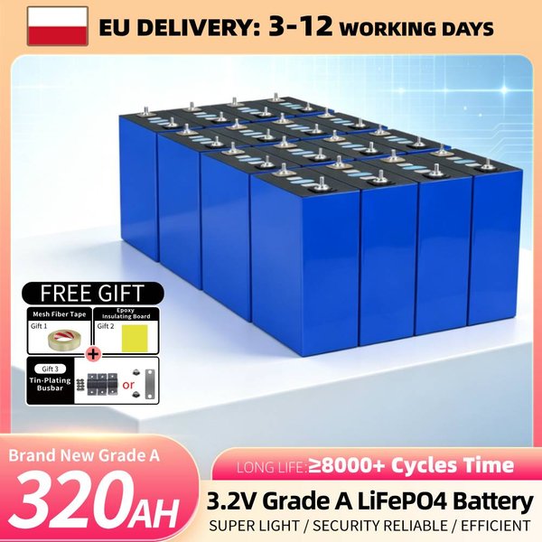 16 Stück 3,2 V 320 Ah 8000+ Zyklen LiFePO4-Batterie, Lithium-Eisenphosphat-Zelle der Klasse A mit 3 Zubehörteilen, DIY 12 V 24 V 48 V für Camping und Heimenergiespeicherung