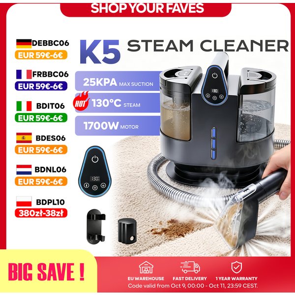 K5 1700W 25kPa Dampf-Teppichreiniger, 5 Temperaturstufen 3 Saugmodi Handgehaltene Sprüh- und Saugmaschine, Große Wassertanks LED-Touchdisplay für Sofa- und Matratzenreinigung
