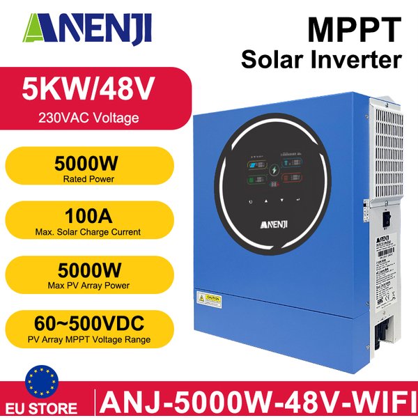 ANENJI 5KW 48V Hybrid Solar Inverter 220V MPPT 100A Built-in WIFI Inverters Dual Output On/Off Grid for Solar Panel Home Applian