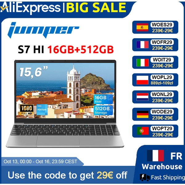 Ordinateur portable Jumper, écran FHD de 15,6 pouces, 16 Go de RAM, SSD de 512 Go (extensible de 512 Go via carte TF), processeur 6500Y (jusqu'à 3,4 GHz), ordinateur portable léger pour les