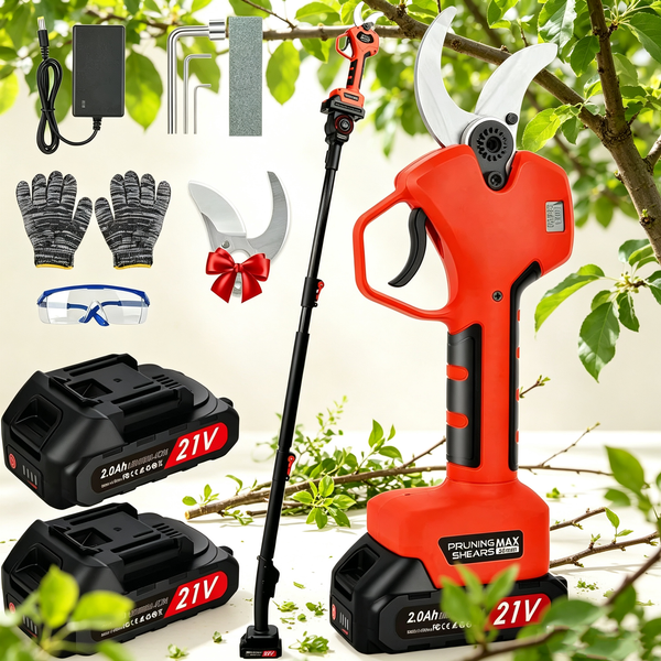 1000W 25-50mm Bürstenloser Akku-Astschneider für Obstbäume und Bonsai mit 2 Stück 21V Akkus und 2m Verlängerungsstange