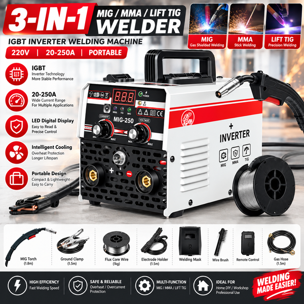 3-in-1 MIG MMA Lift TIG Schweißgerät 20-250A IGBT Inverter Schweißmaschine mit LED-Anzeige Tragbares ARC-Schweißgerät für Heimwerker und Metallwerkstätten