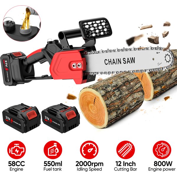 GECOFEER Bürstenlose Akku-Elektrokettensäge 12 Zoll 3500W Wiederaufladbare Holz-Fäll- und Schneidwerkzeuge für Makita 21V Akku