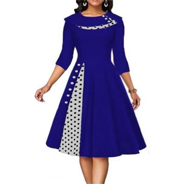 Femmes Vintage à pois robe à manches longues boutons bureau jupe Patchwork soirée Cocktail taille balançoire robe
