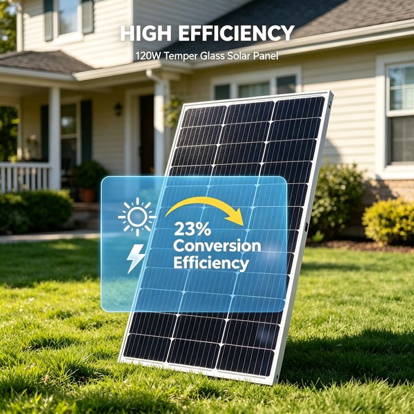 120 Watt Glass Solar Panel With Monocrystaillne Solar Cell,18V Photovoltaic Panels,Waterproof,Durable,Efficiency For 12V/24V Battery Charger,RV, Balconay,Camping