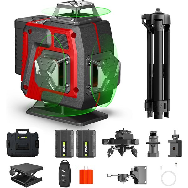 16-Linien-4D-Grünlaser-Nivelliergerät, selbstnivellierend, mit Fernbedienung, Laser-Nivellierwerkzeug mit Basis-Laser-Nivellierwerkzeug-Set, 2 Batterien für Bau-Messungen