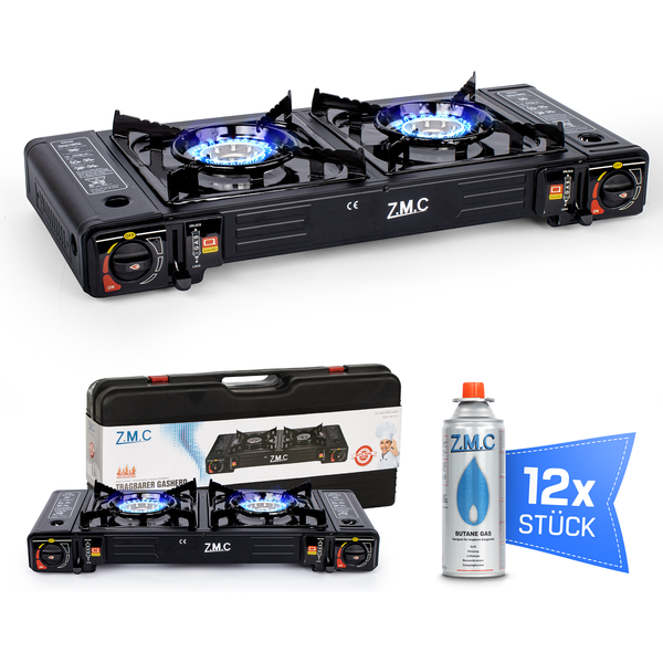 ZMC 2-burner gas cooker, 2.3 kW, including 12x227g gas cartridges with piezo ignition, LPG adapter, and a portable case | Gas cooker operable with 227g gas cartridges | Ideal for outdoor use, camping,