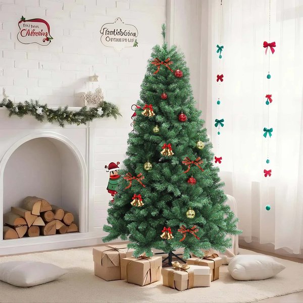 6- 7Ft Pre-Lit Christmas Tree, Artificial Classic Spruce Christmas Tree with Foldable Stand for Home Party Decoration with 250 Warm White Lights and 1350 Branch Tips, Green