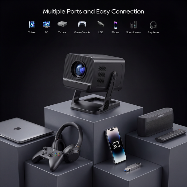LynCast Smart Projektor 1080P/4K Decodierung Bluetooth WiFi, Android 14 Kurzdistanz Tragbarer Beamer für Heimkino und Outdoor-Filme