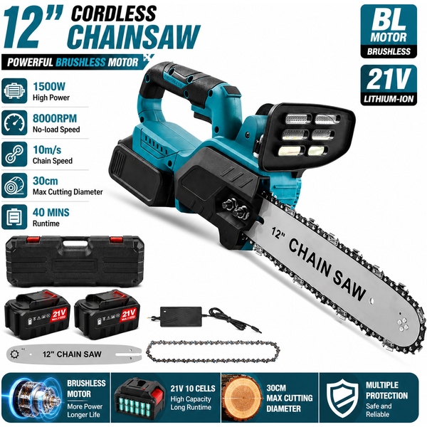Tronçonneuse sans fil à moteur sans balais de 12 pouces pour batterie Makita 21V, tronçonneuse électrique de 1500W, vitesse de la chaîne de 10 m/s, outil de coupe du bois portable