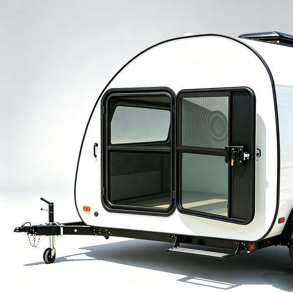 Rechts öffnende Tropfenförmige Wohnmobil-Seitentür 660x910mm, Schwarzes Aluminium, wasserdichte Wohnmobil-Eingangstür, verschiebbares Sichtschutzglas & Insektenschutzgitter, Doppelschloss mit