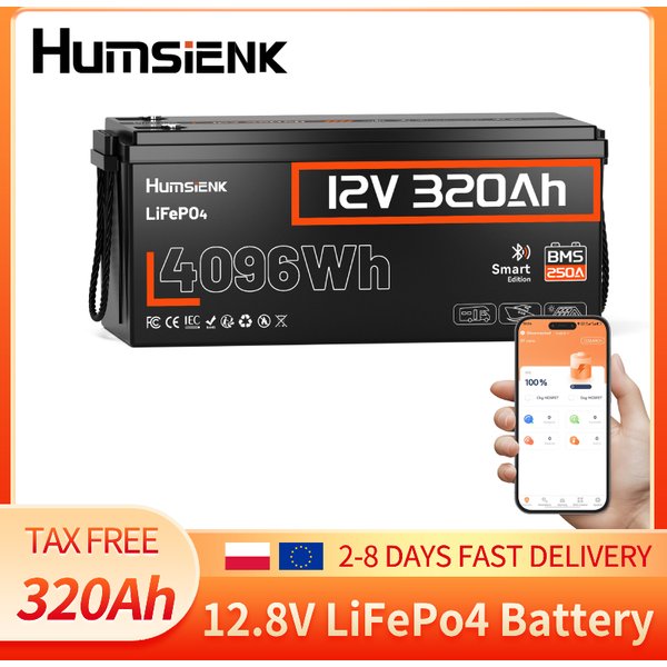 Humsienk 12V 320Ah LiFePO4 Bateria Litowo-Fosforanowa, z wbudowanym systemem zarządzania baterią (BMS) 250A i monitorowaniem przez Bluetooth, bateria głębokocyklowa do zastosowań solarnych, w