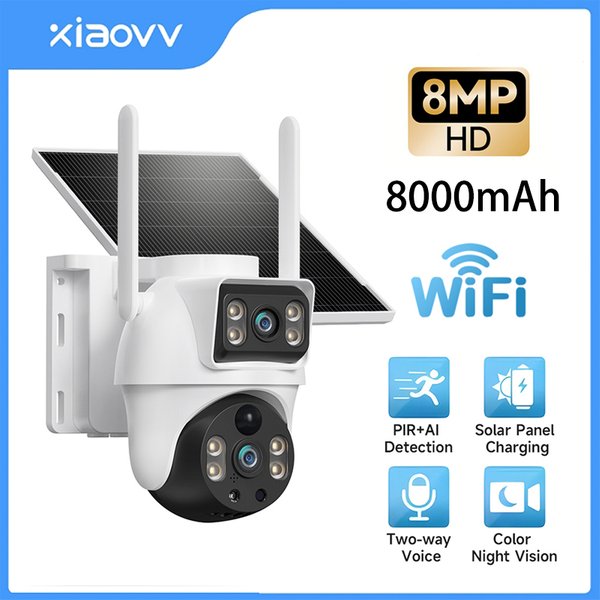 Caméra de sécurité solaire WiFi XIAOVV 8MP, extérieure, étanche IP66, détection humaine PIR, caméra CCTV sans fil