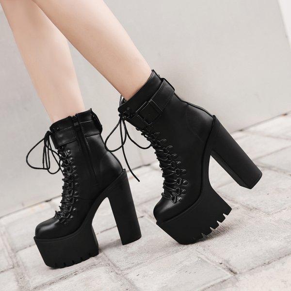 Gdgydh Bottines à plateforme et talons hauts épais pour femme - Sangle à boucle noire - Bottes de moto avec fermeture éclair latérale - Chaussures de style punk