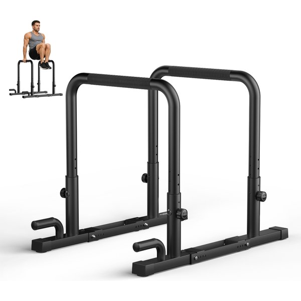 Verstellbare Parallelstangen für das Heimtraining, 180 kg Traglast, Dip-Stangen für das Training mit Körpergewicht, 5 Höhen- und 5 Breitenstufen, rutschfeste Basis und bequeme Handgriffe.