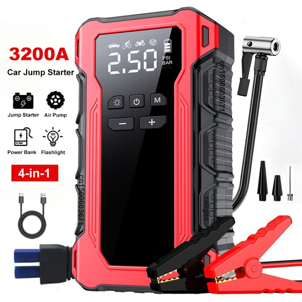 3200A Auto-Starthilfe mit Luftkompressor 12V Auto-Batterie-Startgerät Tragbarer Auto-Notfall-Booster 150PSI Luftpumpe 4-IN-1 Powerbank Reifenfüller