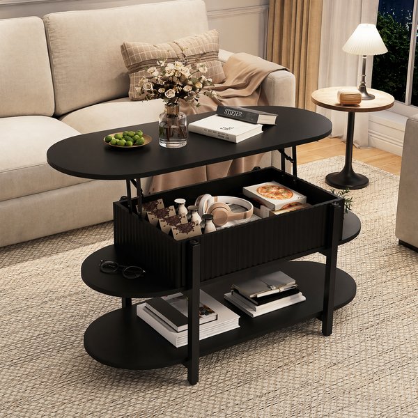 Anajqaqia Table basse relevable 2-en-1 106x45x50cm avec rangement dissimulé, table basse multi-niveaux avec surface de travail relevable hydrauliquement pour salon