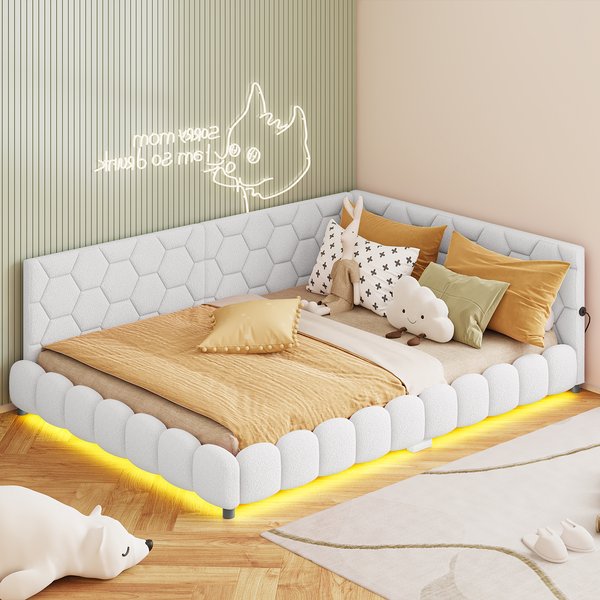 Lit capitonné Comanlai 140 x 200 cm, canapé-lit avec sommier à lattes, lit double, lit pour jeunes, sans matelas, velours, blanc