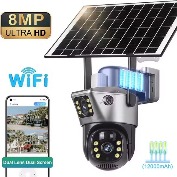 Kamera solarna 4K 8MP z dwoma ekranami, bezprzewodowa, WiFi, PTZ, z podwójnym obiektywem, do monitoringu zewnętrznego, z funkcją automatycznego śledzenia, kamery CCTV.