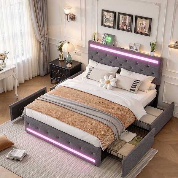 Anajqaqia, cadre de lit double en lin gris foncé, dimensions 160x200 cm, avec 4 tiroirs de rangement, tête de lit capitonnée à motif losange, lattes en bois, lit plateforme pour adultes, matelas non