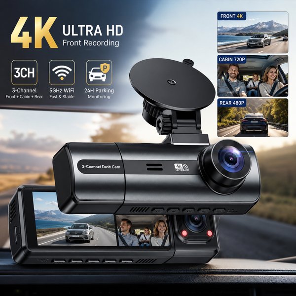 Dash Cam 4K Ultra HD Enregistreur Vidéo DVR de Voiture à 3 Canaux Caméra Avant Intérieure Arrière avec Écran IPS de 3,16", Contrôle de l'Application WiFi 5 GHz, Carte TF De 64 Go Incluse, Vision