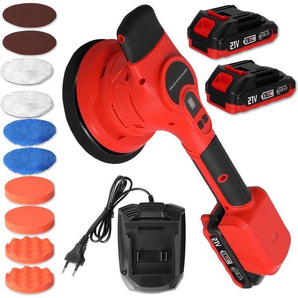 21V Bürstenloser Autopolierer 450W 8-Gang 7500 U/min Kabellose Dual-Action-Wachsmaschine mit 2 Batterien und Polierpads für Autopflege