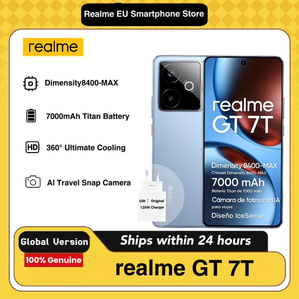 Realme GT 7T 5G Smartphone 12GB+256/512GB, Dimensity 8400-Max Chipsatz, 7000mAh Akku, 6,78" 1,5K 120Hz Display, KI-Reise-Snap-Kamera, IP69, inklusive 120W Ladegerät
