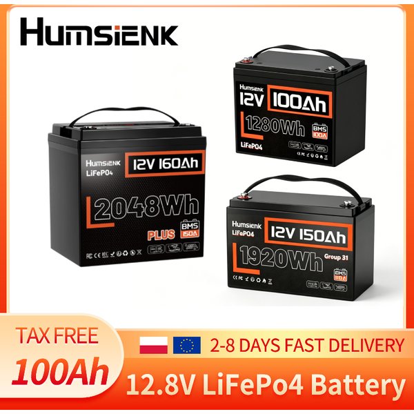 Akumulator LiFePo4 Humsienk 12V 100Ah 150Ah 160Ah z wbudowanym systemem BMS, ogniwa klasy A+, energia 1280Wh, ponad 15000 cykli, do kamperów, solarnych systemów off-grid, łodzi, silników