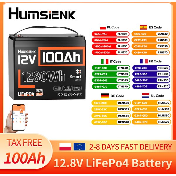 Humsienk Bluetooth 12V 100Ah LiFePO4 15000 Akumulator głębokiego cyklu z wbudowanym BMS 100A, wysoka wydajność do zastosowań solarnych, falowniki, kampery, wodoodporny akumulator do wózków golfowych,