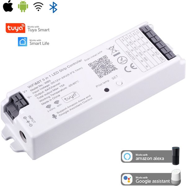 WiFi 5 in 1 LED Controller Tuya Alexa Google Home Voice Control RGB RGBW CCT Led Strip Dimmer Blue tooth APP RF Remote 12V 24V