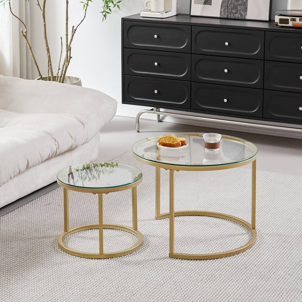 Table basse en fer 2 en 1, mode petit appartement, salon, Table basse ronde en verre trempé pour canapé, Table basse d'appoint