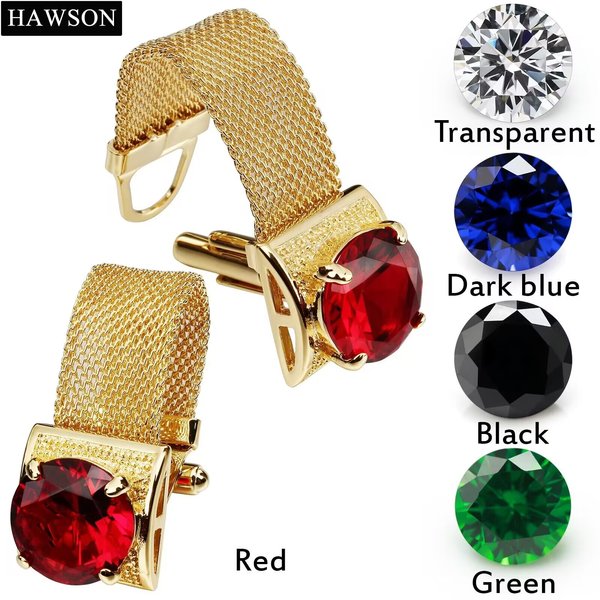 Boutons de manchette pour homme en chaîne de mailles dorées, 18 mm, ronds, ornés de pierres précieuses en cristal, pour mariage, chemise formelle, cadeau d'affaires HAWSON