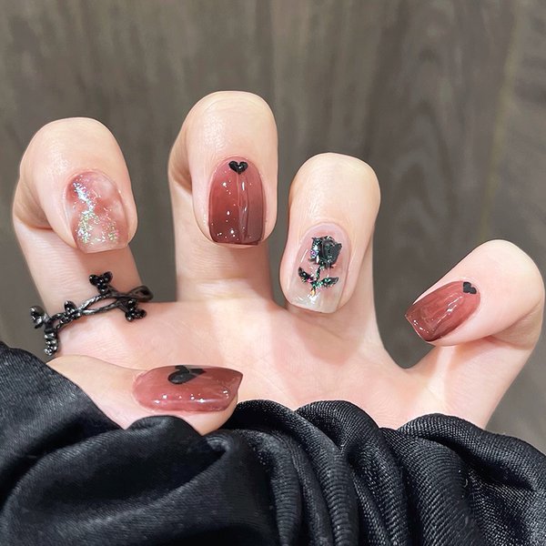24 pièces noir Rose faux ongles court carré tête ronde faux ongles conception Art couverture complète ensemble presse ongles