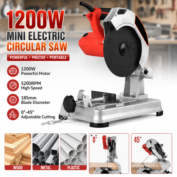 1200W Mini-Elektro-Kreissäge mit 185mm Klinge, tragbare Elektrosäge, 0-45 Grad verstellbar, 5200 U/min Hochgeschwindigkeits-Schneidemaschine für Holz, Metall, Kunststoff, Winkel- und Geradschnitt,