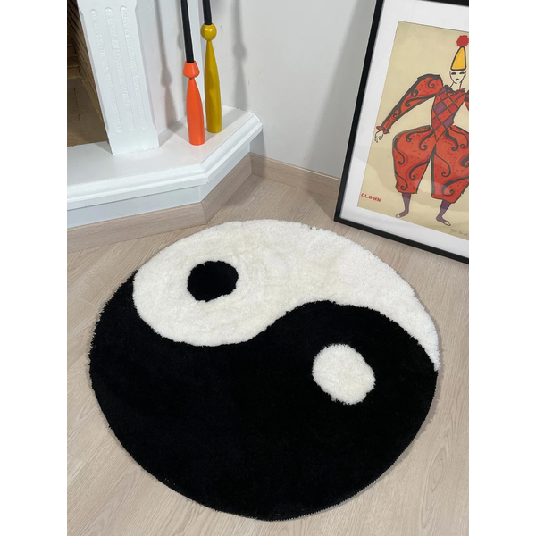 LAKEA Yin and Yang Symbol Fluffy Circle Soft Rug Black and White Circle Digital Carpet for Bedroom with Chinese Characteristic