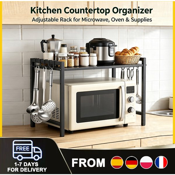 Étagère de rangement pour micro-ondes, support de four en acier au carbone extensible 38-64 cm, rangement de cuisine avec 6 crochets pour organiser le comptoir de cuisine